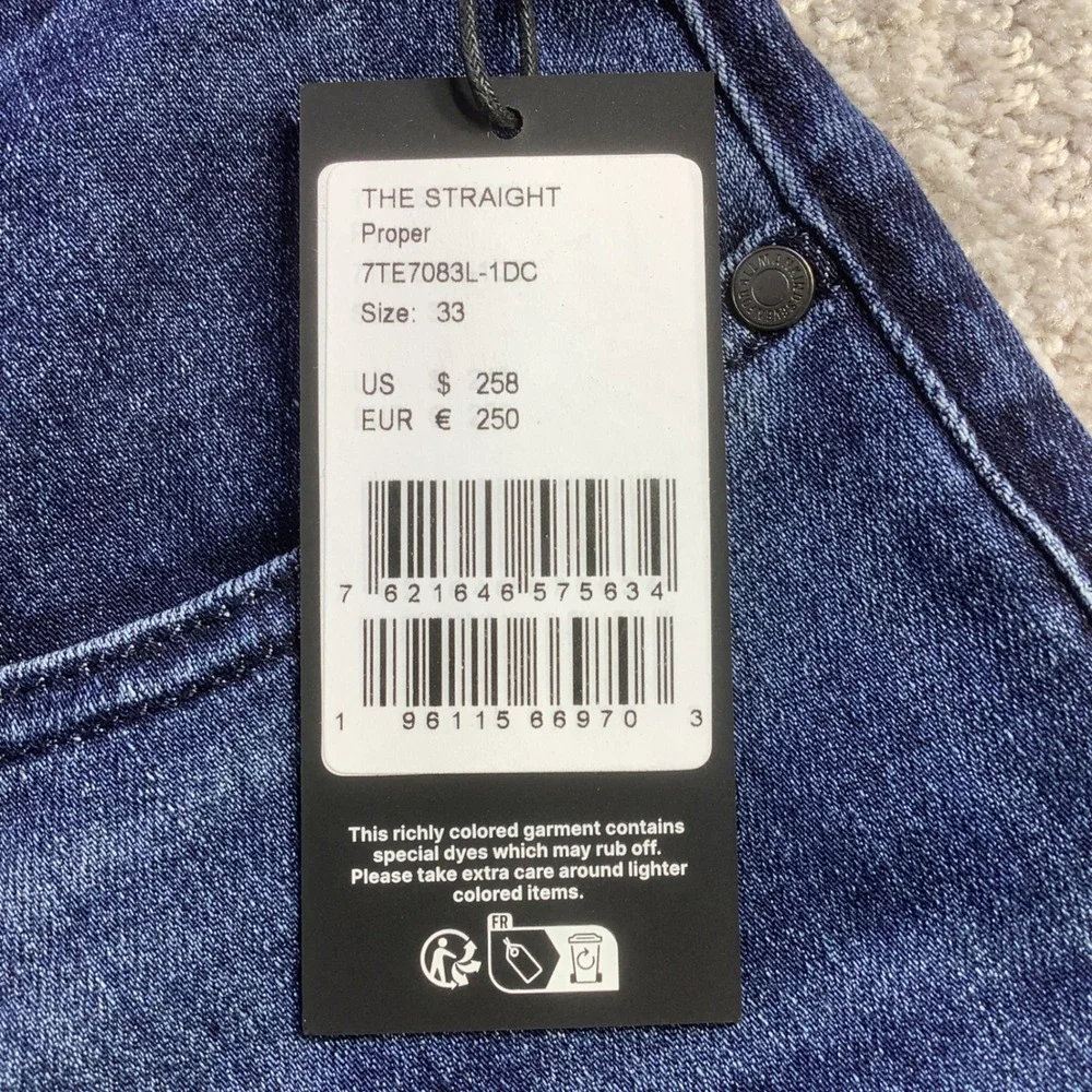 7 For All Mankind The Straight Airweft Denim Jeans Proper Blue Size 33 x 34 NWT